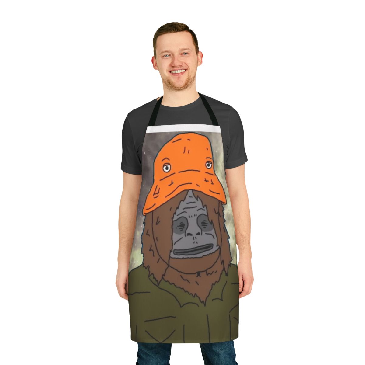 Image of a high-quality cotton apron featuring a psychedelic, trippy sasquatch design inspired by the popular Australian cartoon series "The Big Lez Show".