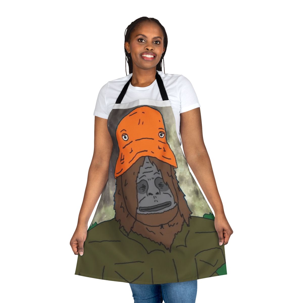 Image of a high-quality cotton apron featuring a psychedelic, trippy sasquatch design inspired by the popular Australian cartoon series "The Big Lez Show".