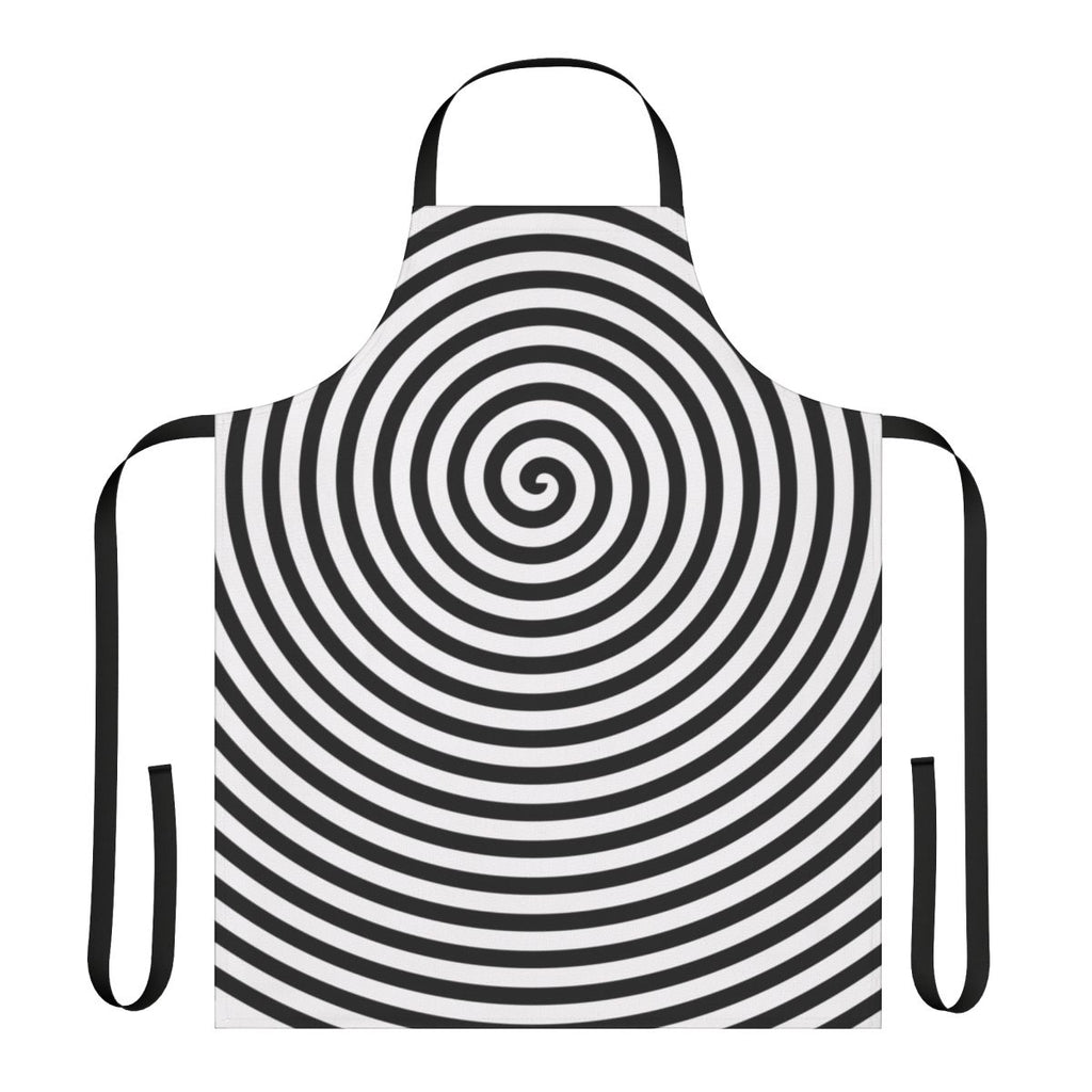 Trippy spiral black and white pattern on a kitchen apron