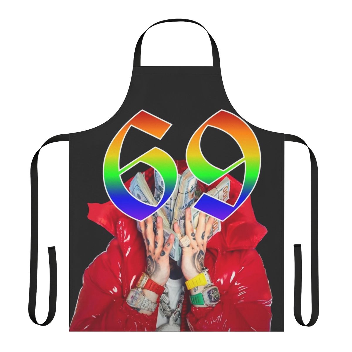 Trollz-inspired apron featuring Tekashi 6ix9ine and Nicki Minaj-style graphics