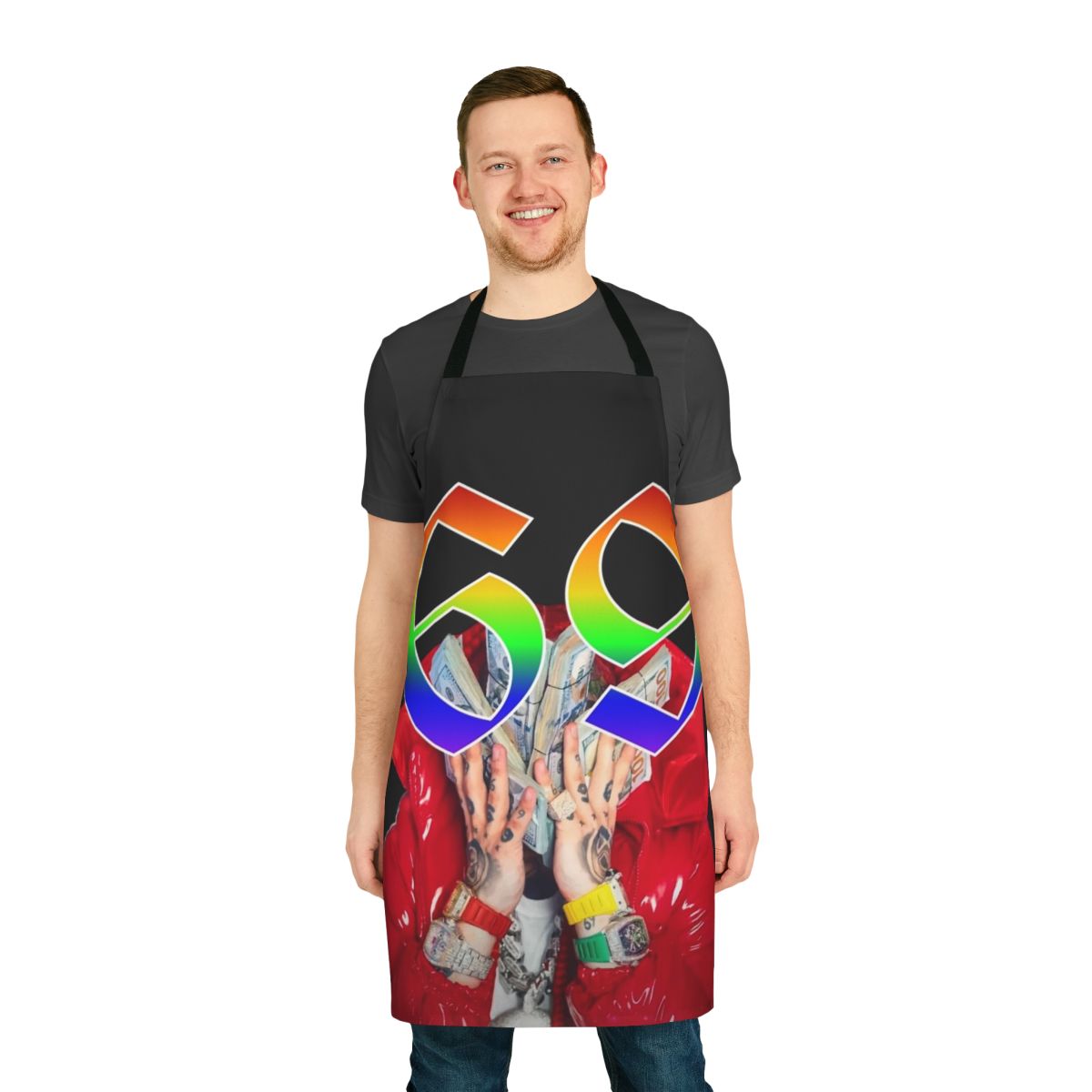 Trollz-inspired apron featuring Tekashi 6ix9ine and Nicki Minaj-style graphics
