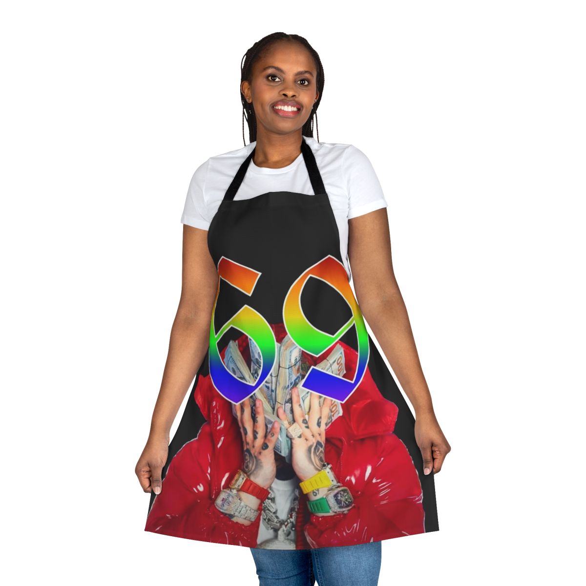Trollz-inspired apron featuring Tekashi 6ix9ine and Nicki Minaj-style graphics