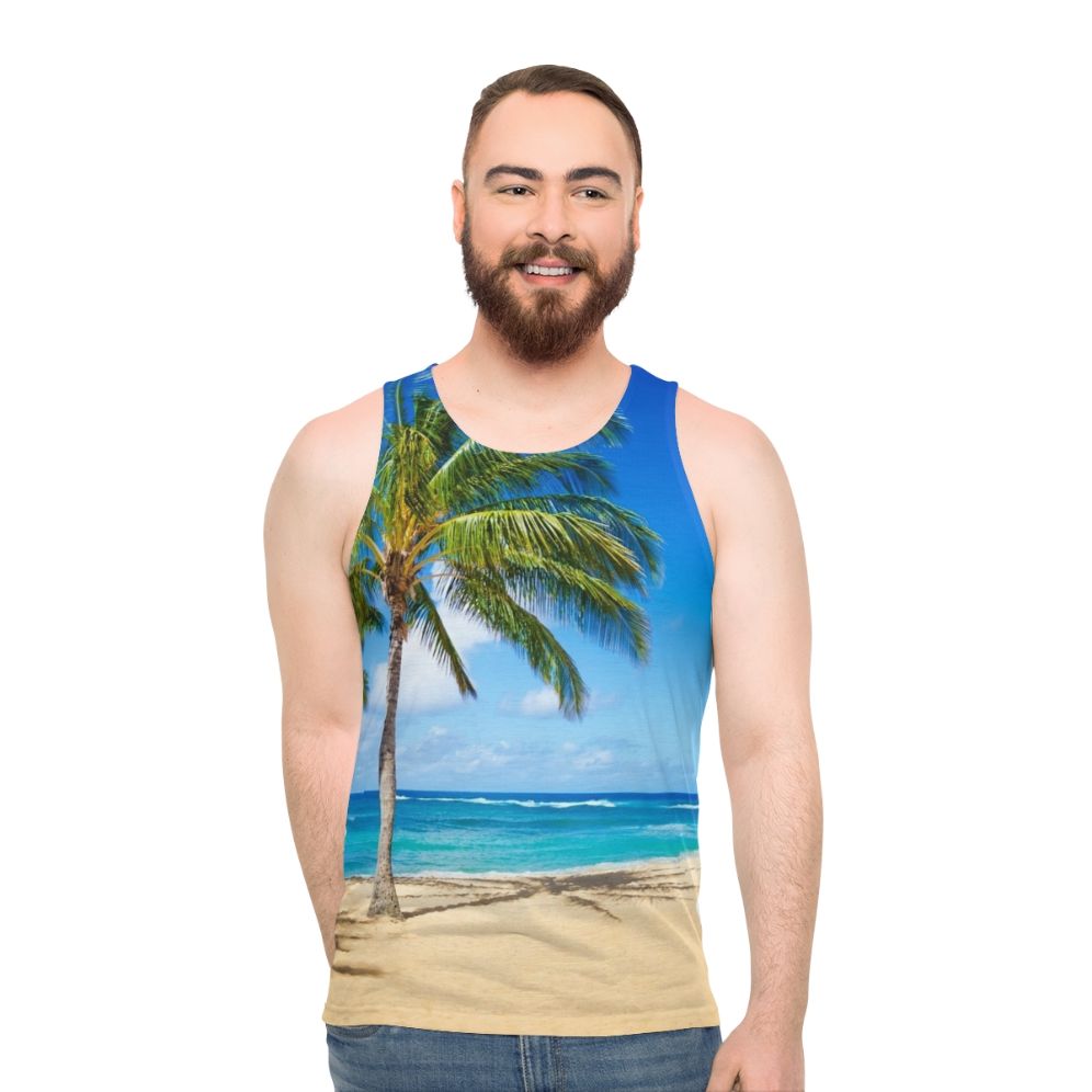 Unisex tank top with palm trees on a sandy beach in Hawaii