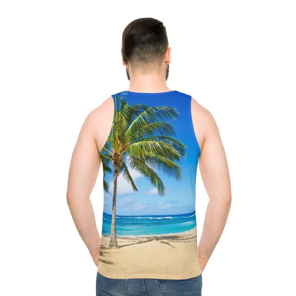 Unisex tank top with palm trees on a sandy beach in Hawaii