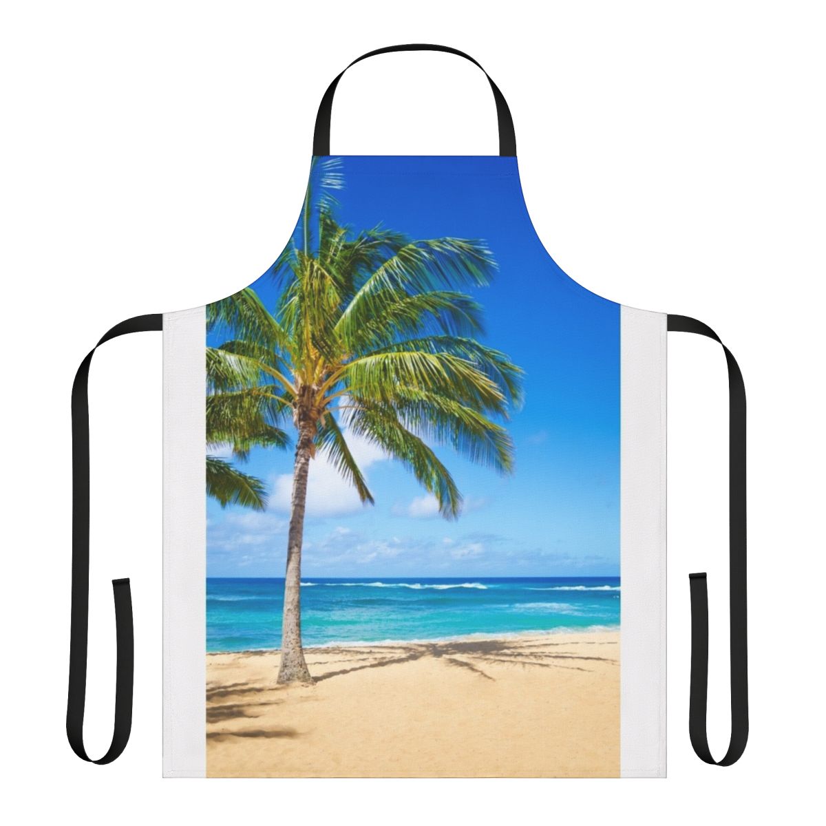 Apron featuring a scenic tropical beach with palm trees, ocean waves, and blue sky in Hawaii