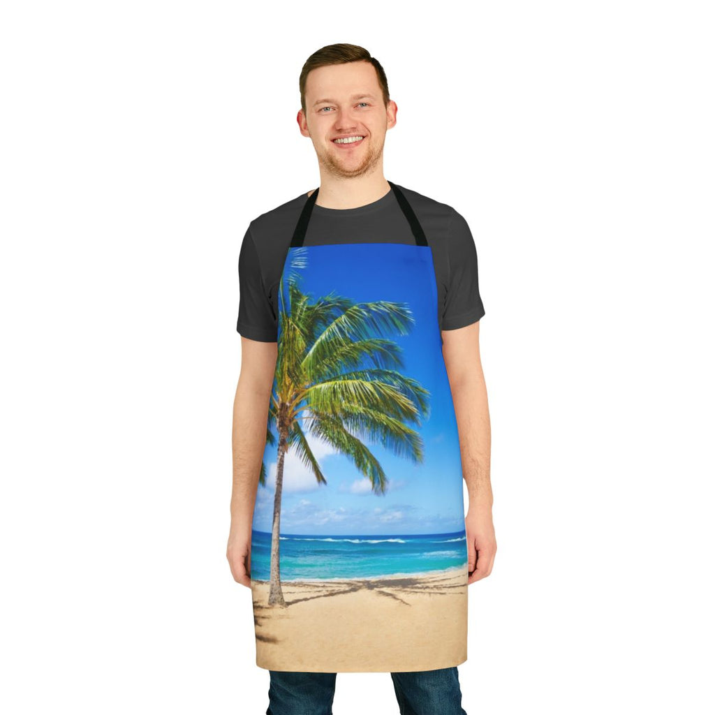 Apron featuring a scenic tropical beach with palm trees, ocean waves, and blue sky in Hawaii