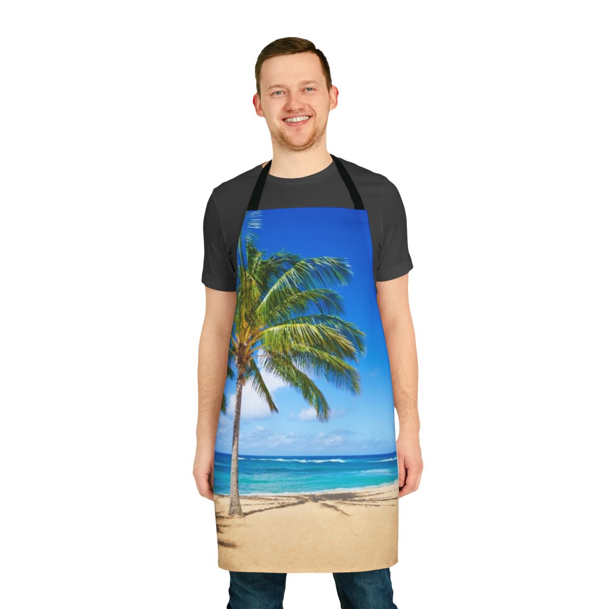 Apron featuring a scenic tropical beach with palm trees, ocean waves, and blue sky in Hawaii