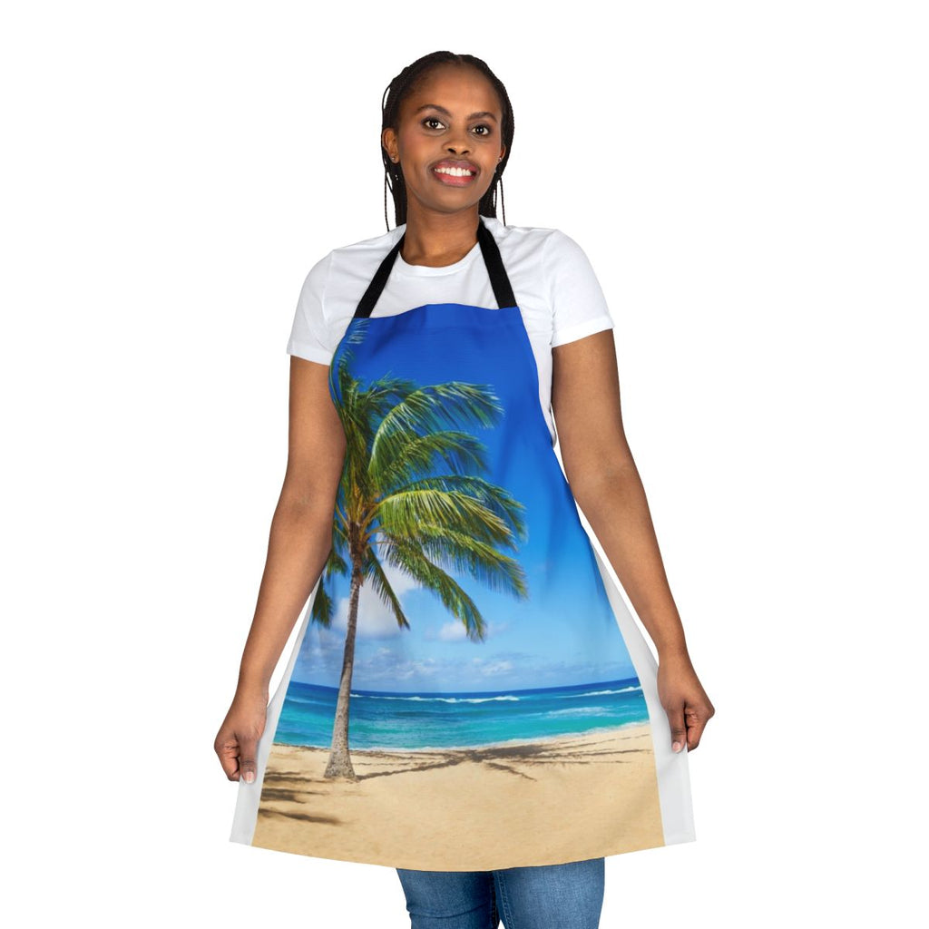 Apron featuring a scenic tropical beach with palm trees, ocean waves, and blue sky in Hawaii