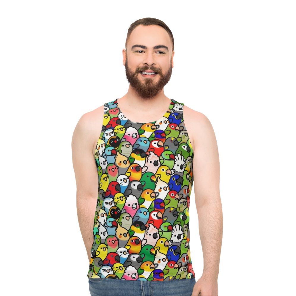 Unisex tank top with a vibrant tropical bird pattern