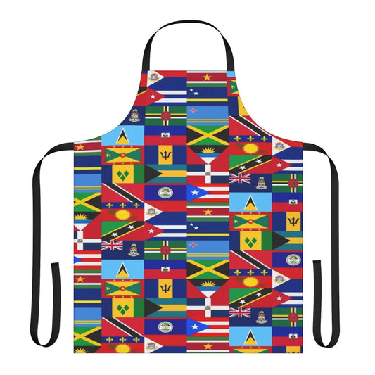 Apron with colorful flags from Caribbean islands including Cuba, Puerto Rico, Jamaica, and more.
