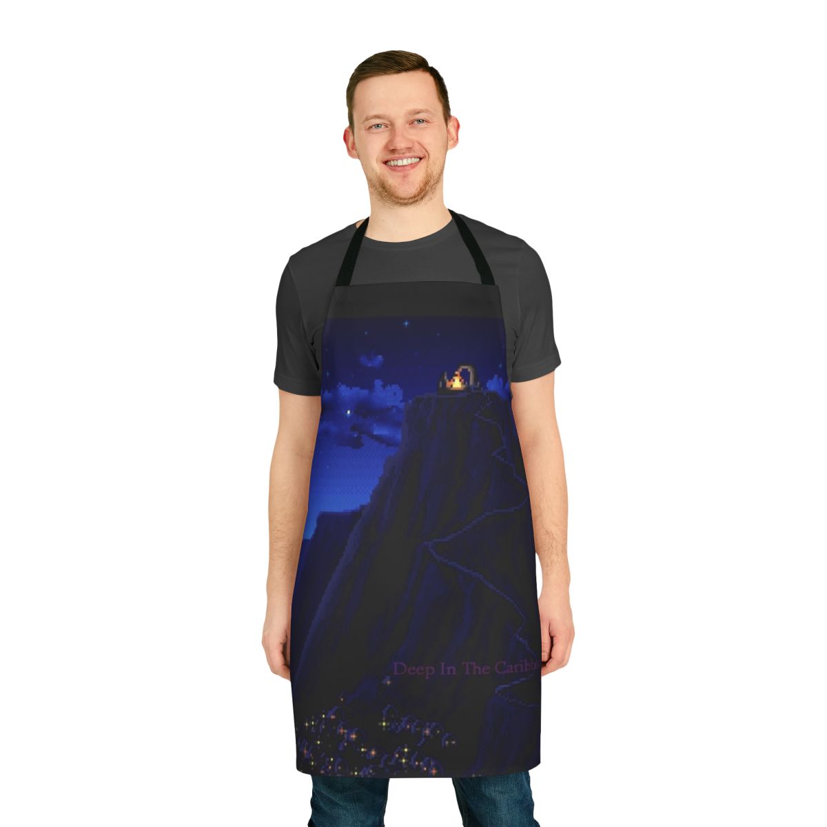 Caribbean island-themed apron with Monkey Island-inspired design