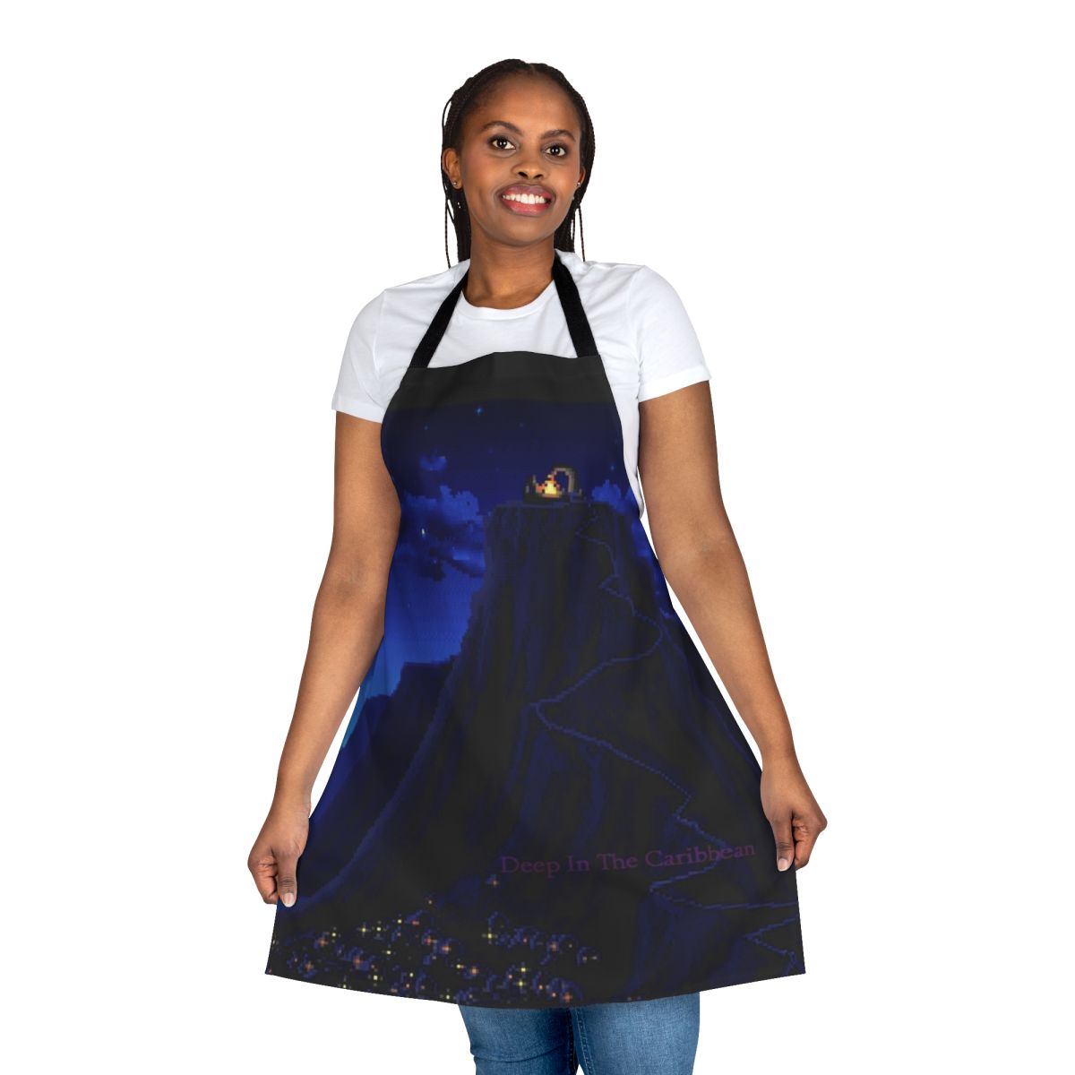 Caribbean island-themed apron with Monkey Island-inspired design