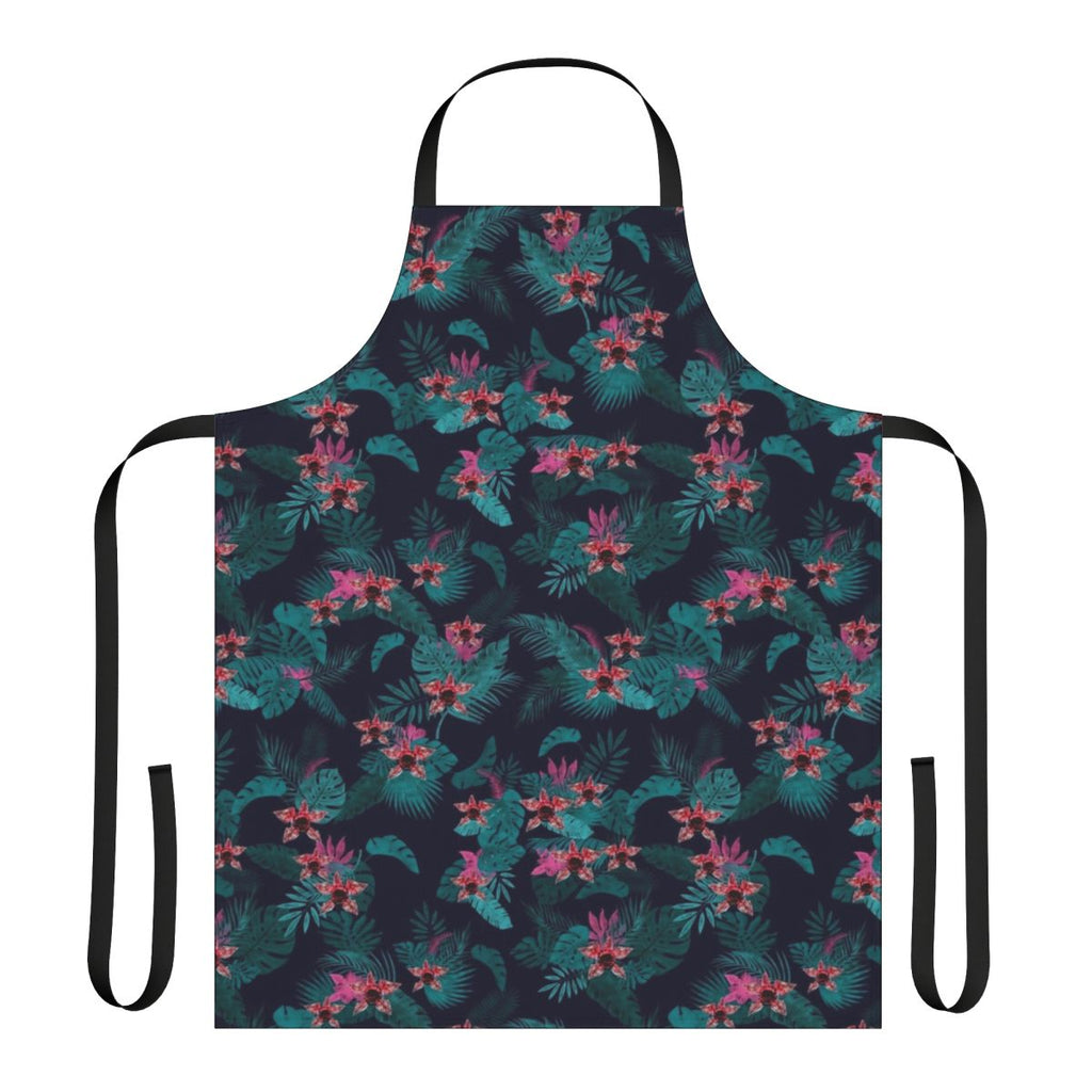 Tropical Demogorgon inspired apron featuring a creepy cute floral design with upside down elements
