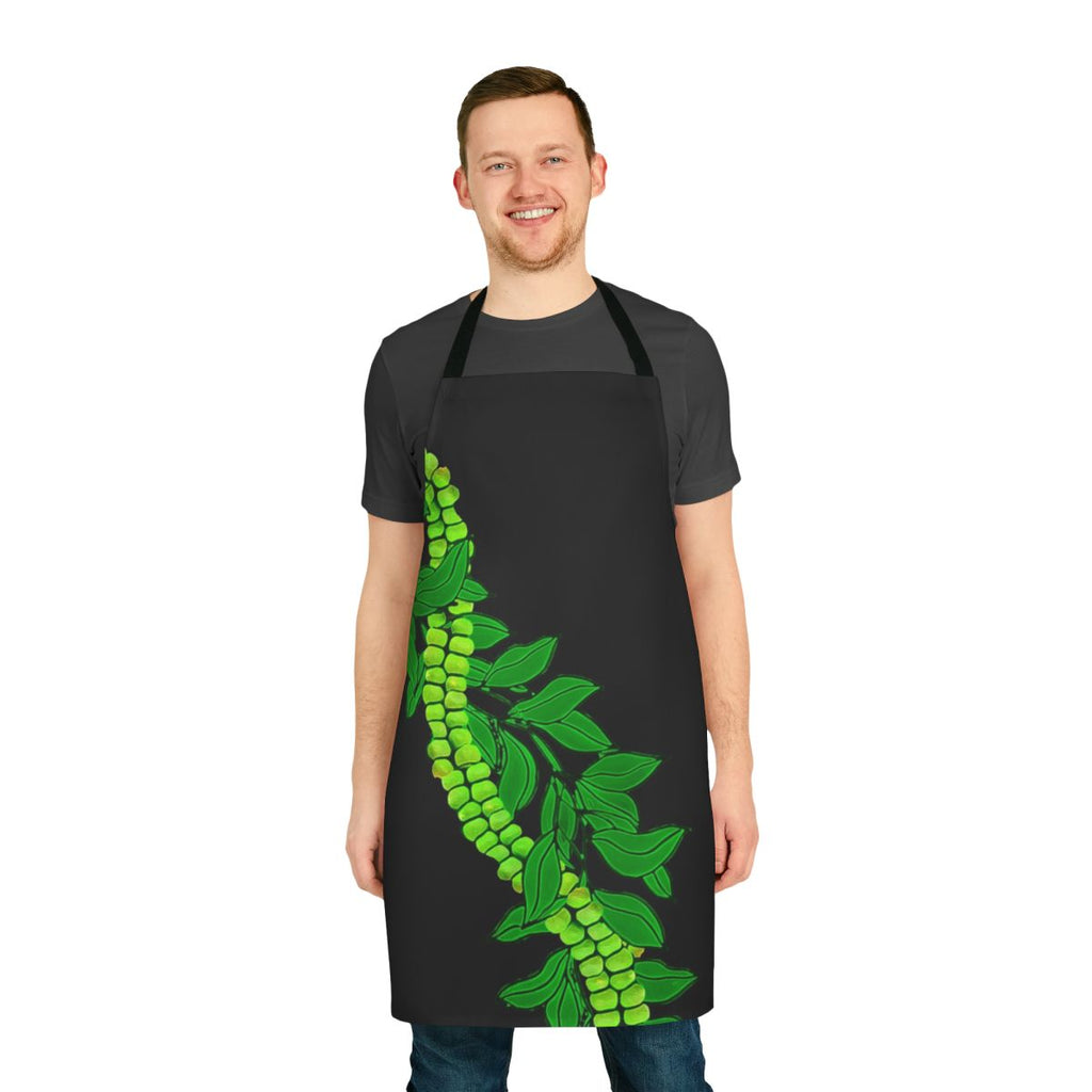 Colorful tropical floral print apron with Maile and Mokihana leaves