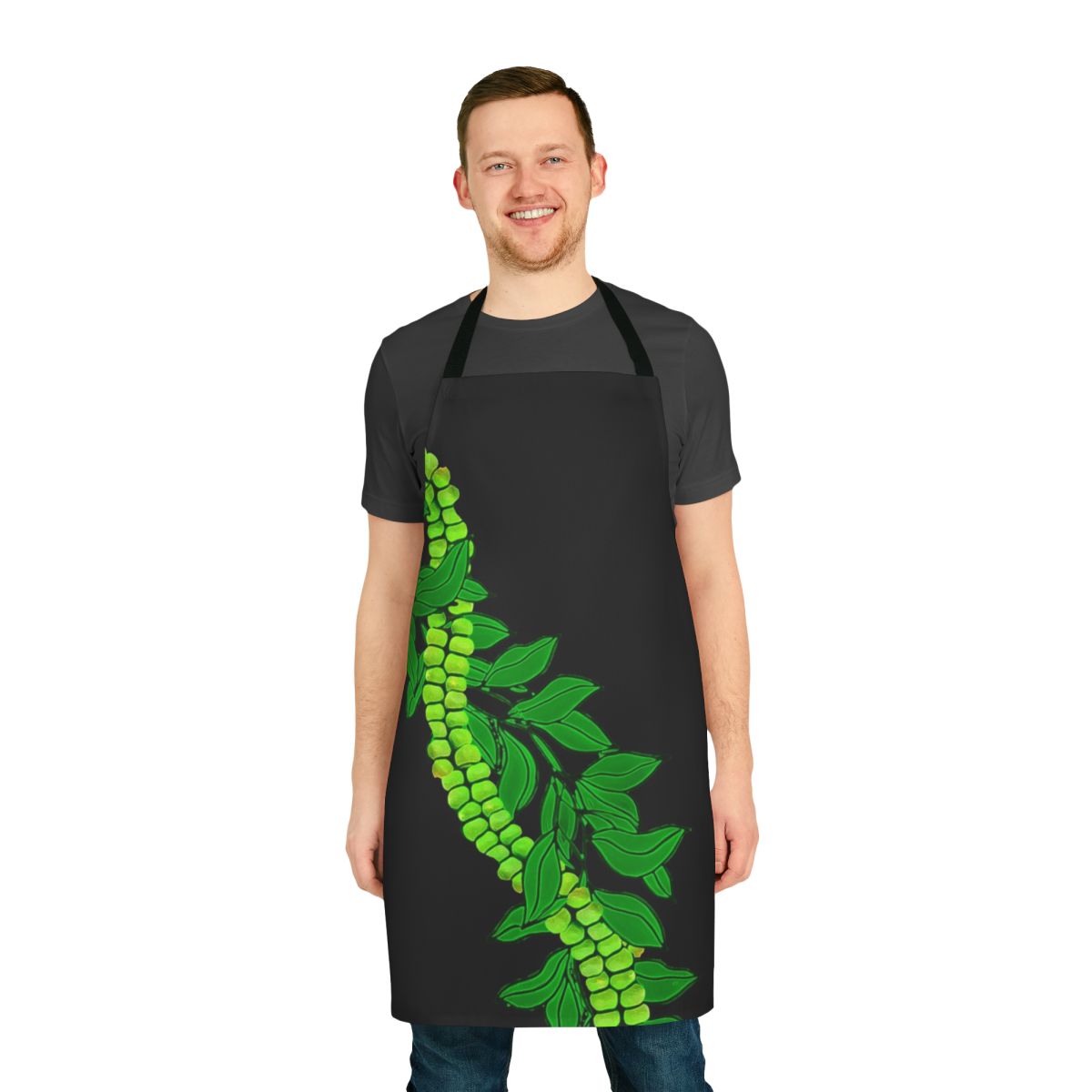 Colorful tropical floral print apron with Maile and Mokihana leaves