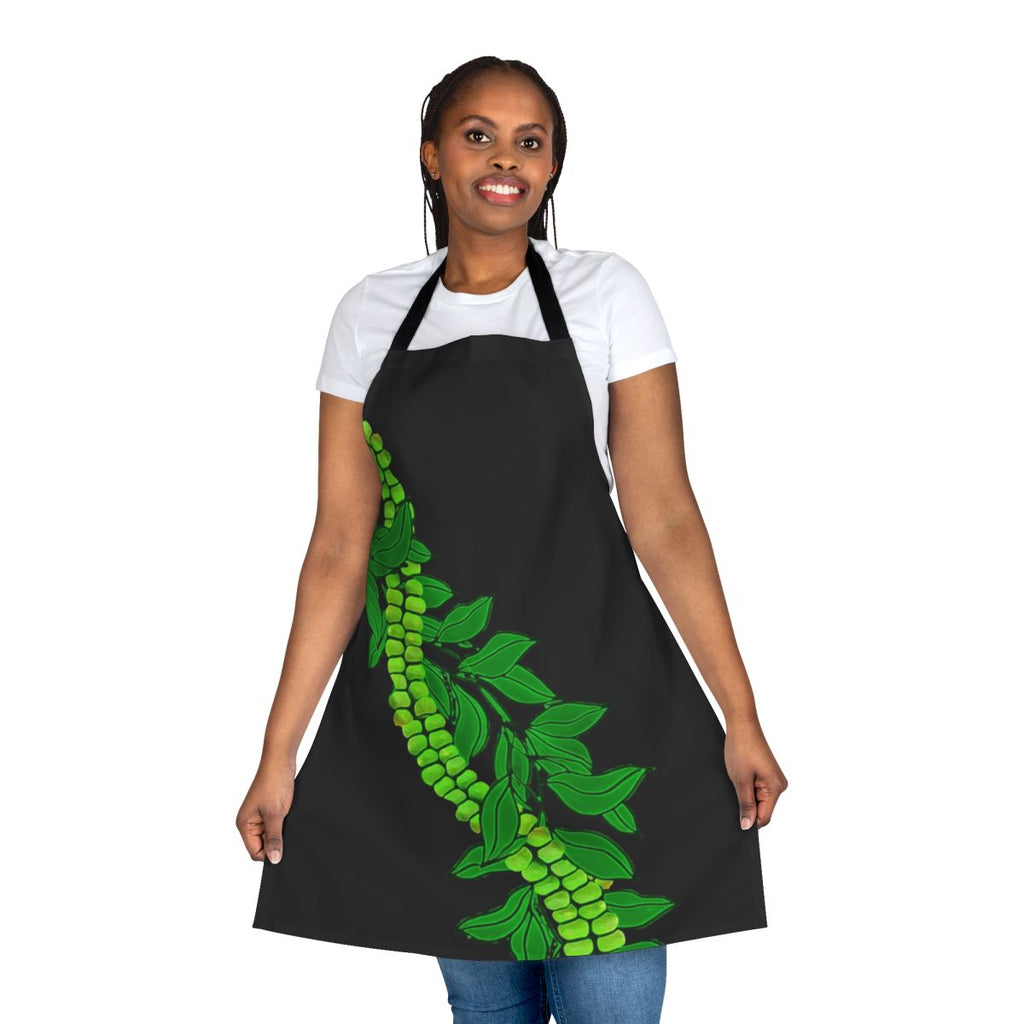 Colorful tropical floral print apron with Maile and Mokihana leaves