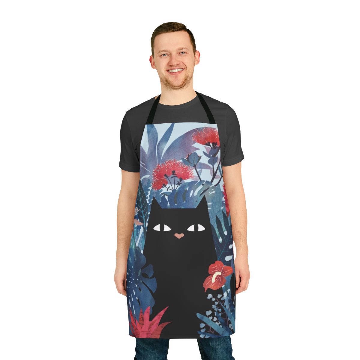 Tropical floral apron featuring bright colors and botanical designs like anthurium, plumeria, and bromeliad flowers