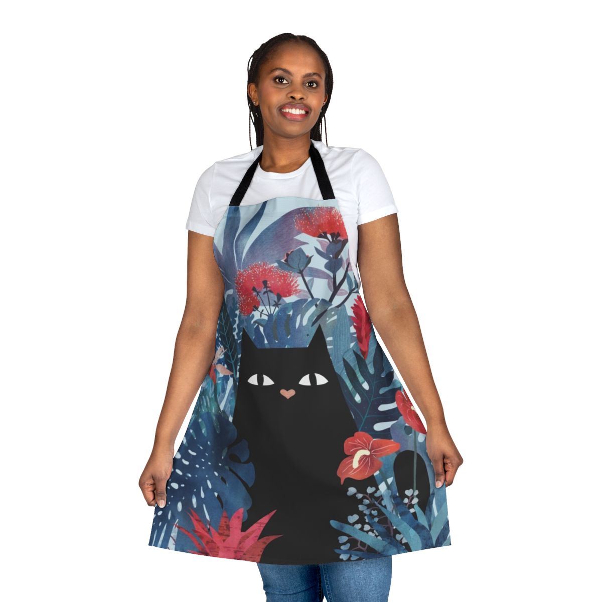 Tropical floral apron featuring bright colors and botanical designs like anthurium, plumeria, and bromeliad flowers