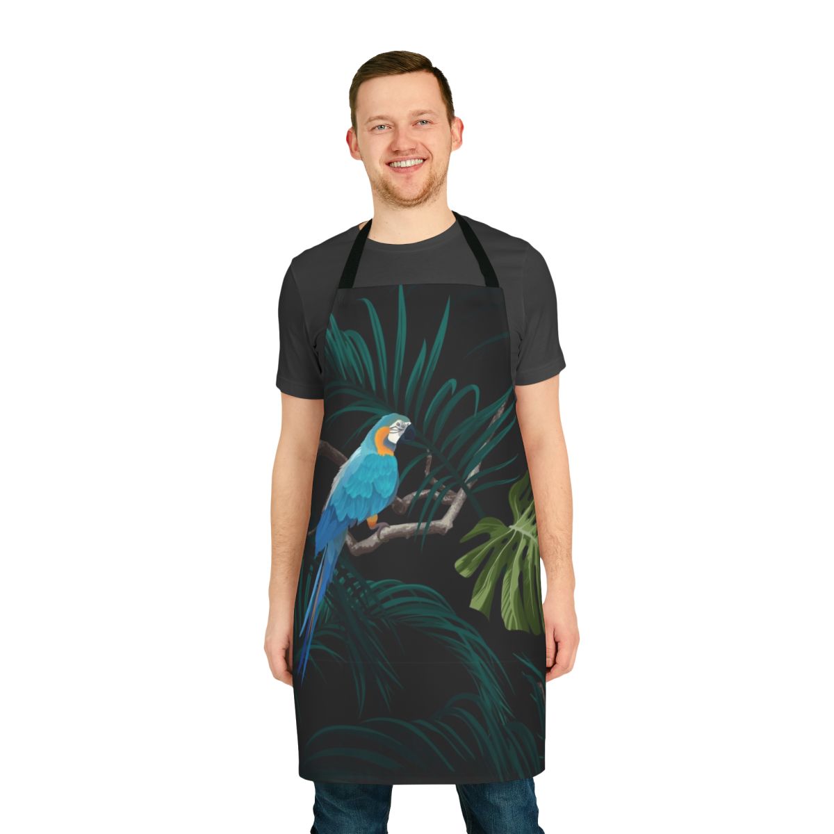 Tropical floral apron with dark monstera leaves and vintage botanical design