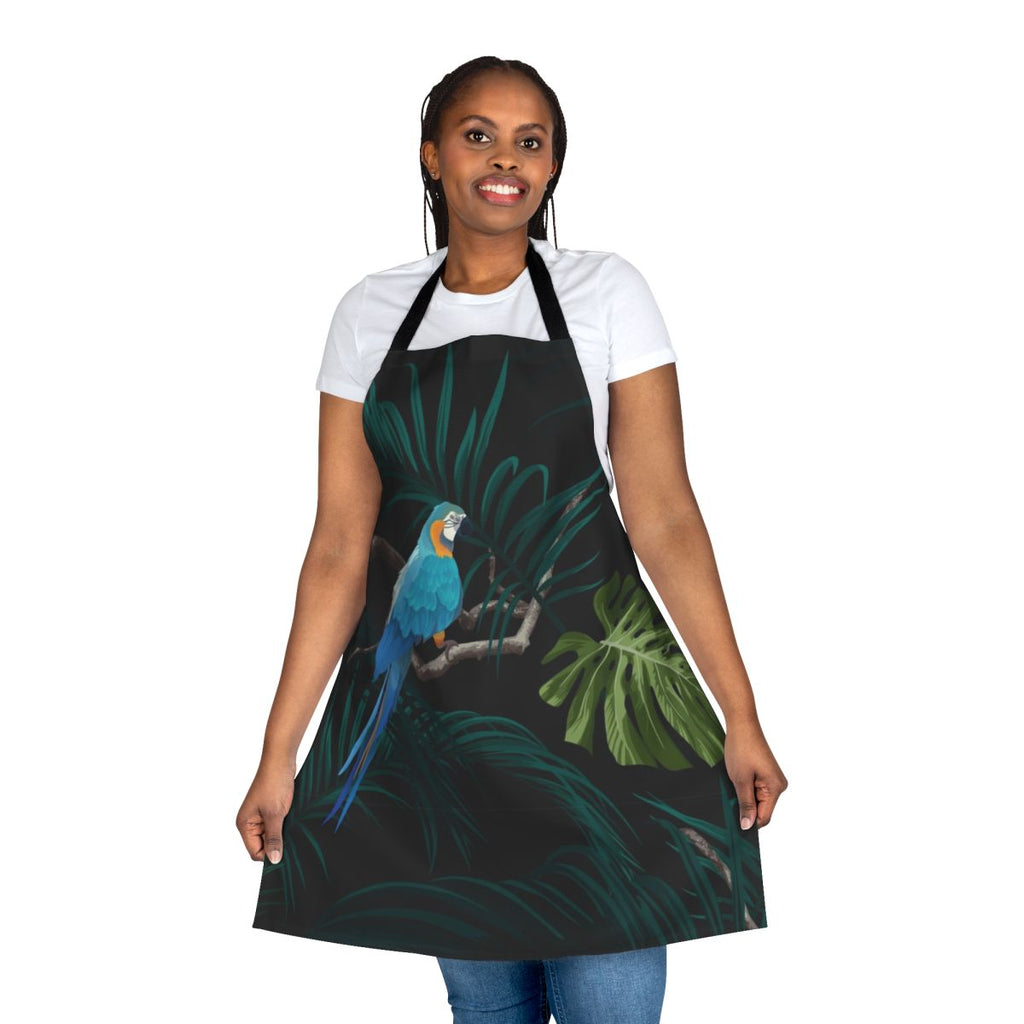 Tropical floral apron with dark monstera leaves and vintage botanical design