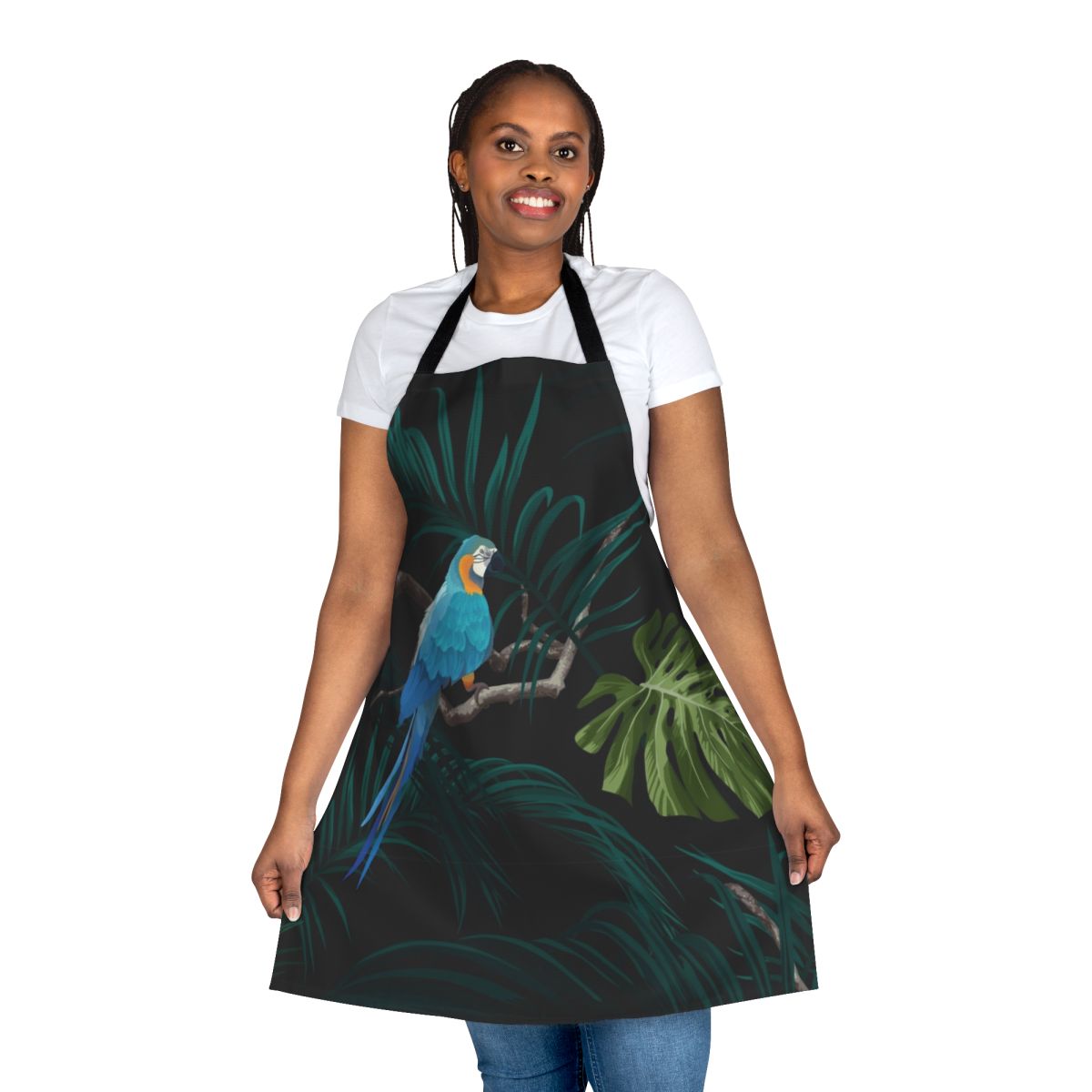 Tropical floral apron with dark monstera leaves and vintage botanical design