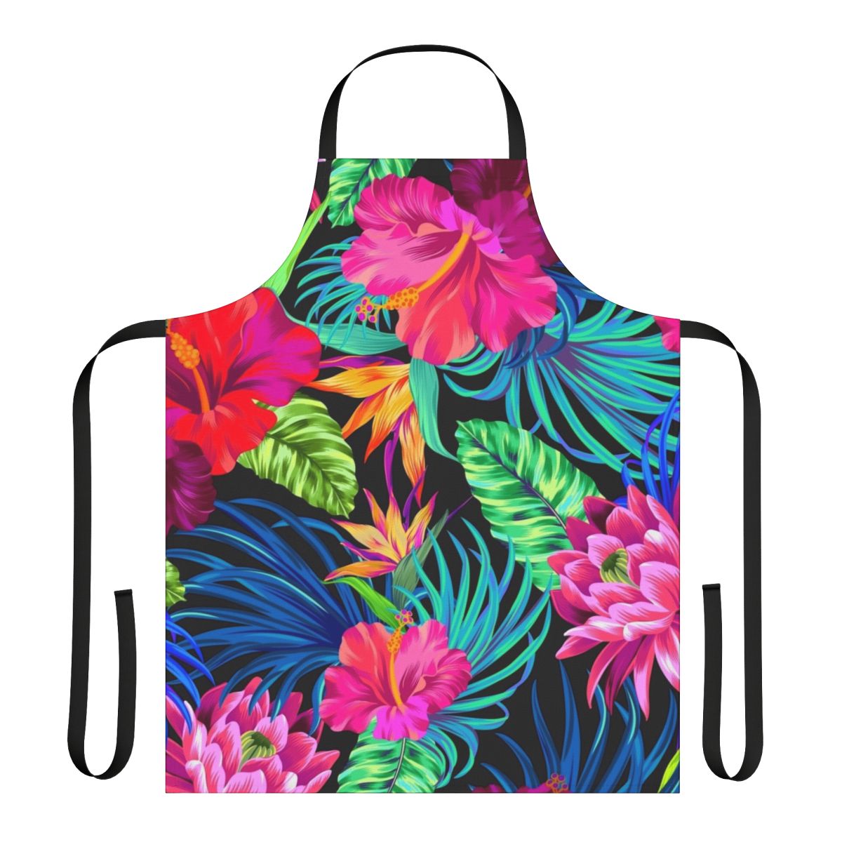 Tropical botanical apron with a vibrant hibiscus flower pattern, perfect for summer and kitchen decor.