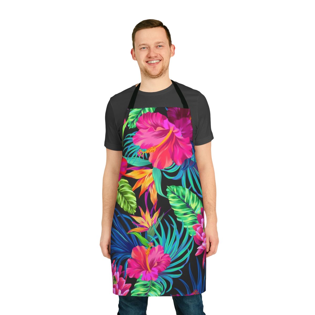 Tropical botanical apron with a vibrant hibiscus flower pattern, perfect for summer and kitchen decor.