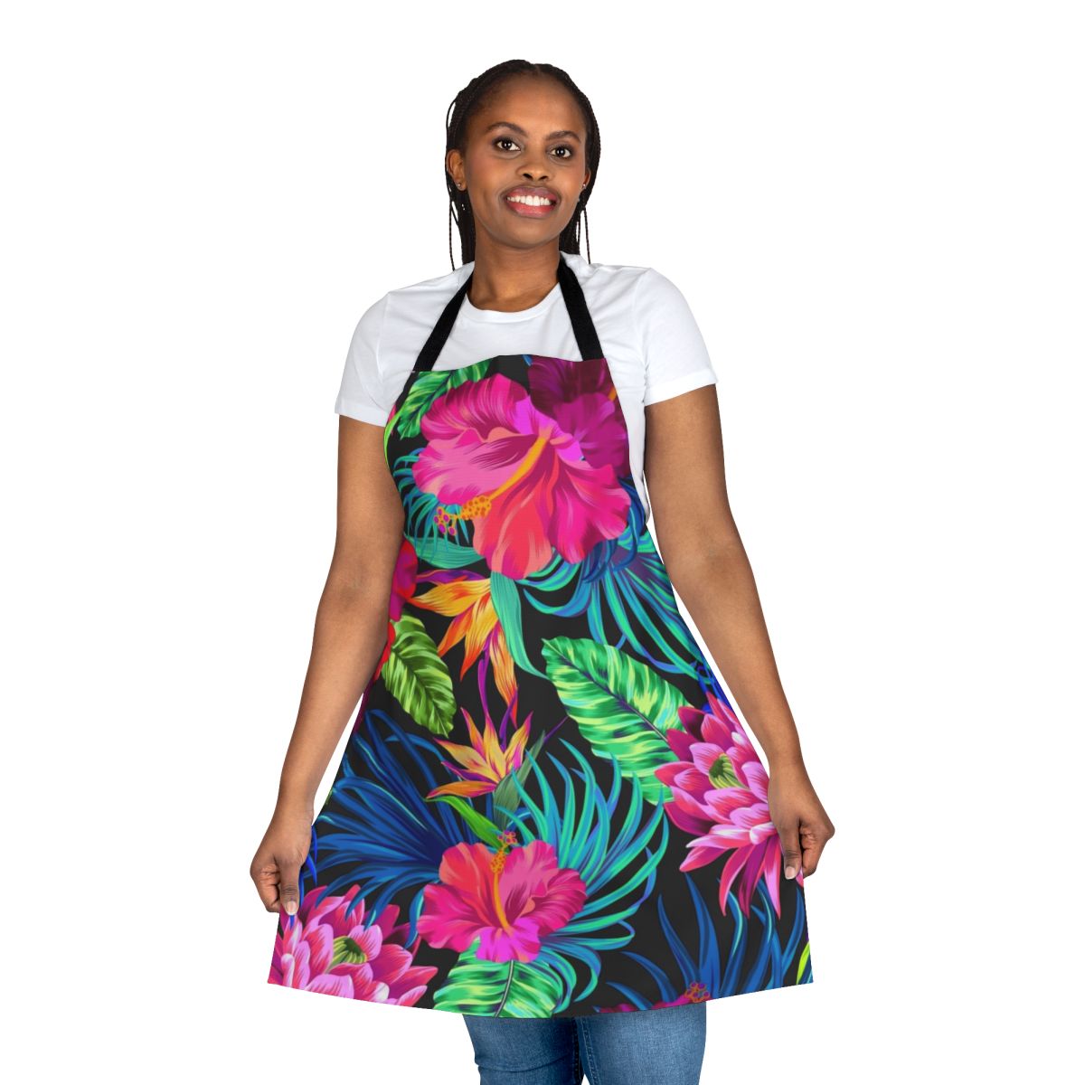 Tropical botanical apron with a vibrant hibiscus flower pattern, perfect for summer and kitchen decor.