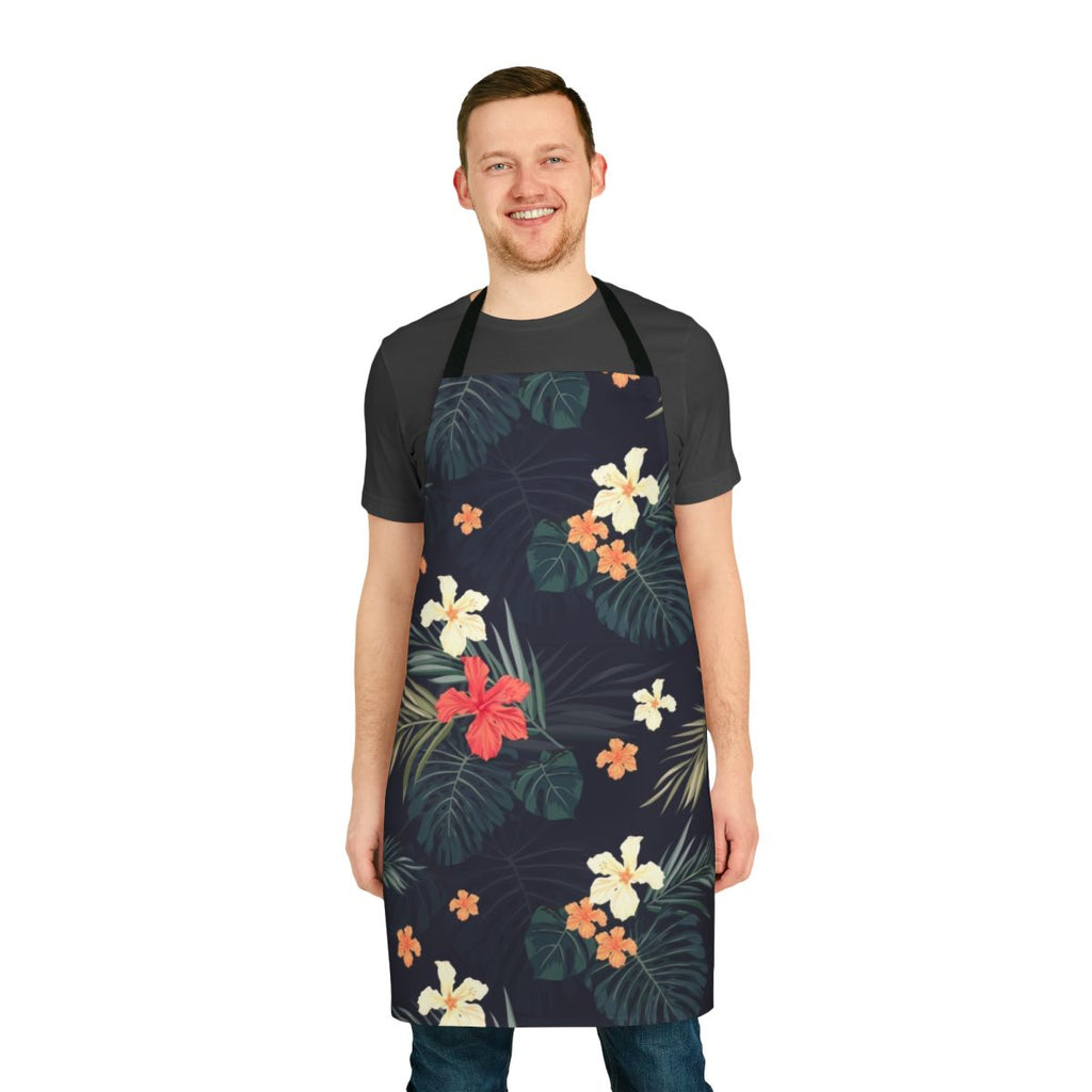 Tropical flowers, botanical plants, and vintage-inspired floral pattern on a khaki apron