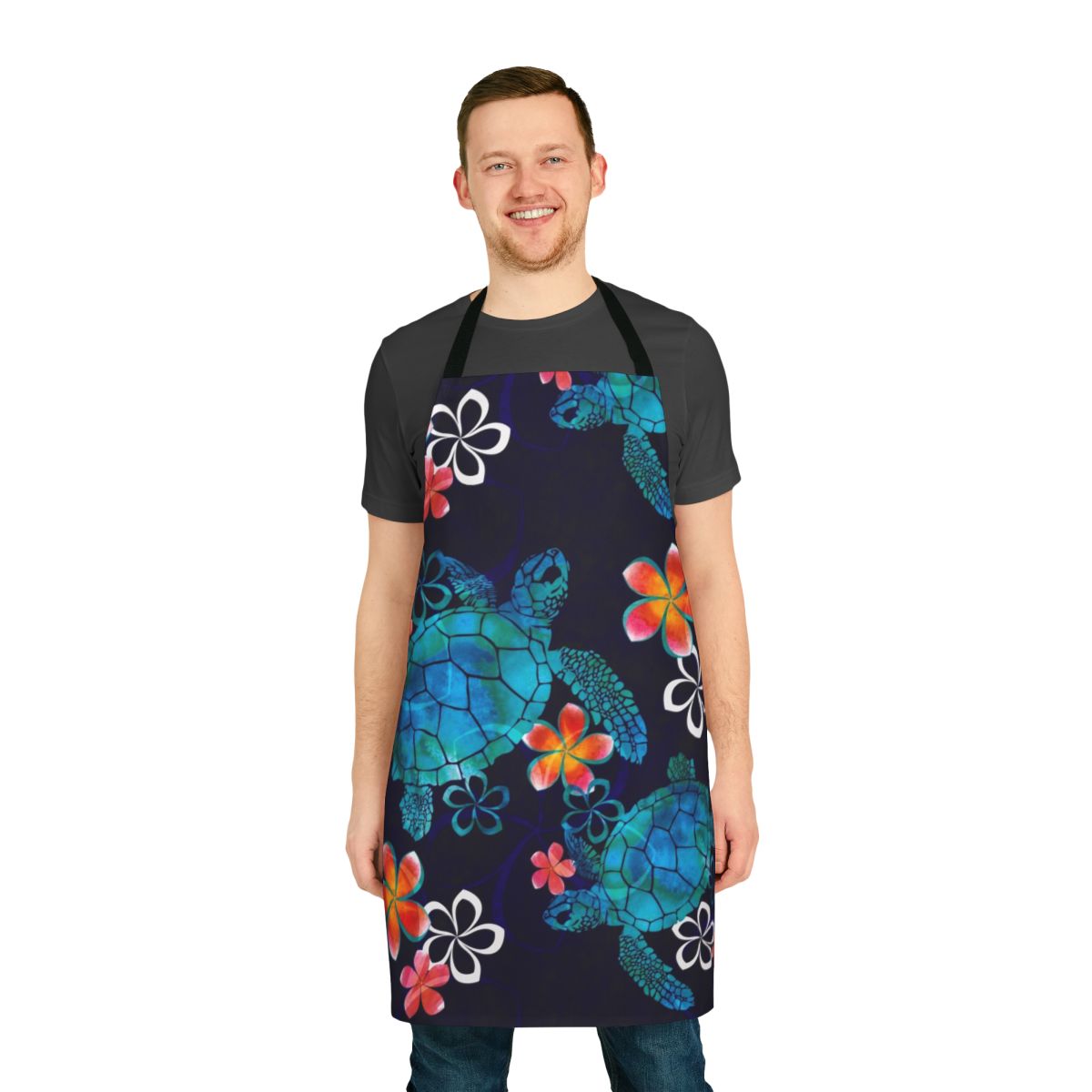 Watercolor painting of a sea turtle surrounded by tropical flowers on an apron