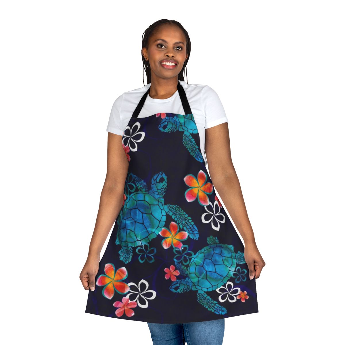 Watercolor painting of a sea turtle surrounded by tropical flowers on an apron