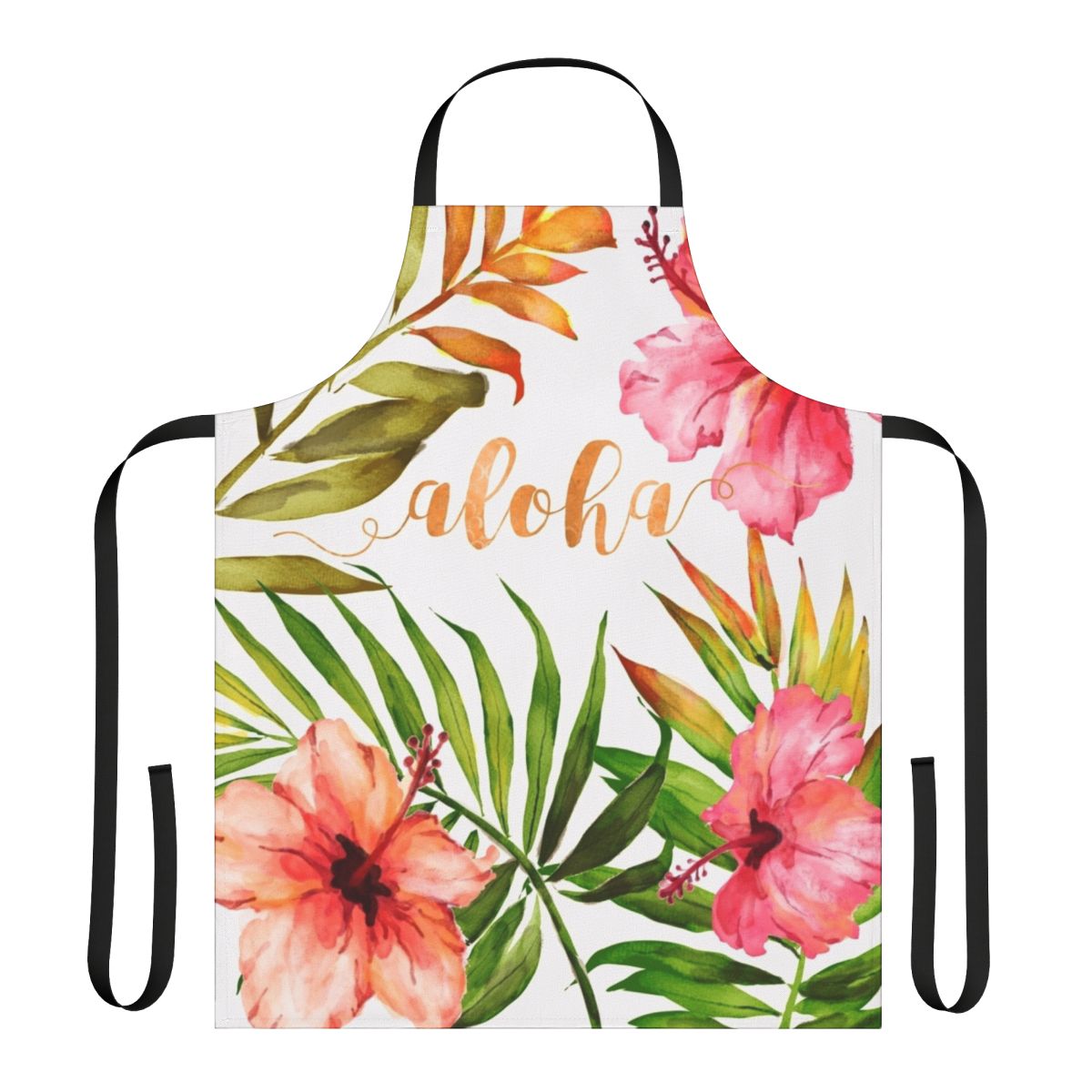 Vibrant tropical floral watercolor design on a durable apron, featuring hibiscus, palm leaves, and aloha typography.