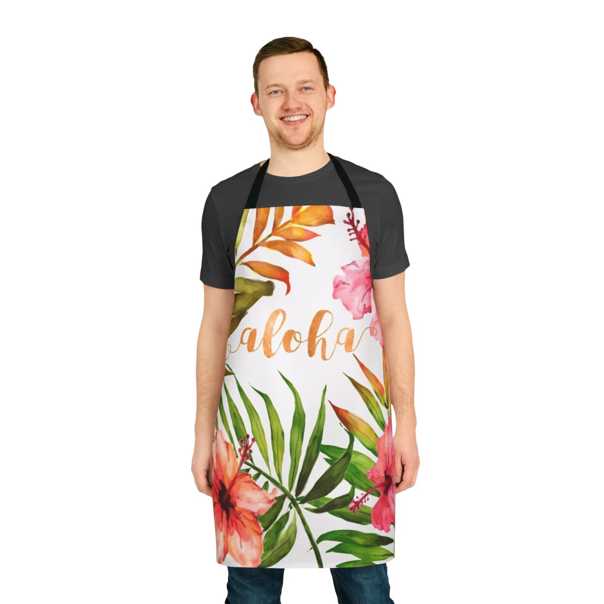 Vibrant tropical floral watercolor design on a durable apron, featuring hibiscus, palm leaves, and aloha typography.