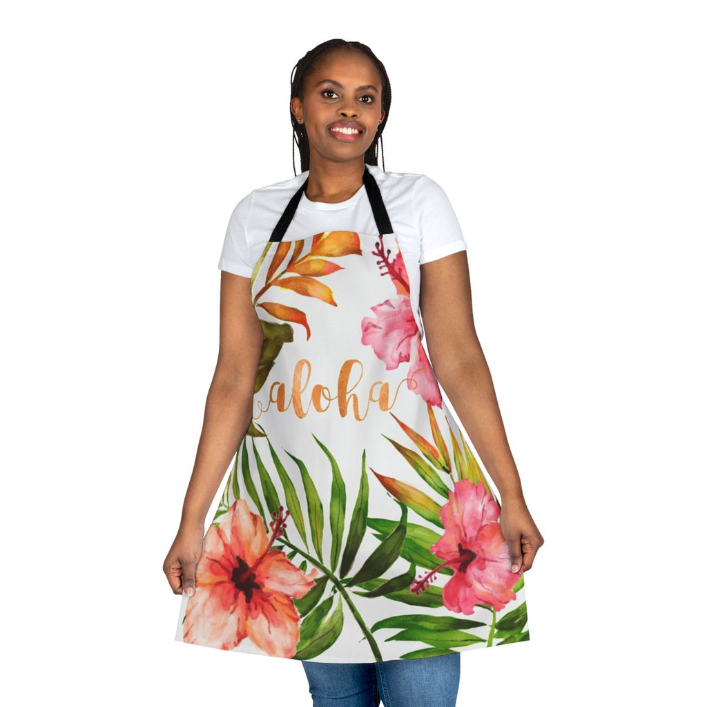 Vibrant tropical floral watercolor design on a durable apron, featuring hibiscus, palm leaves, and aloha typography.