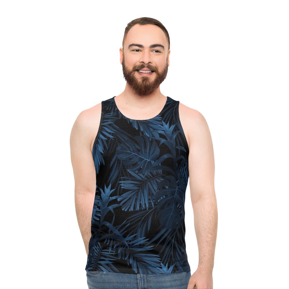 Tropical Indigo Blue Unisex Tank Top with Botanical Leaf Print