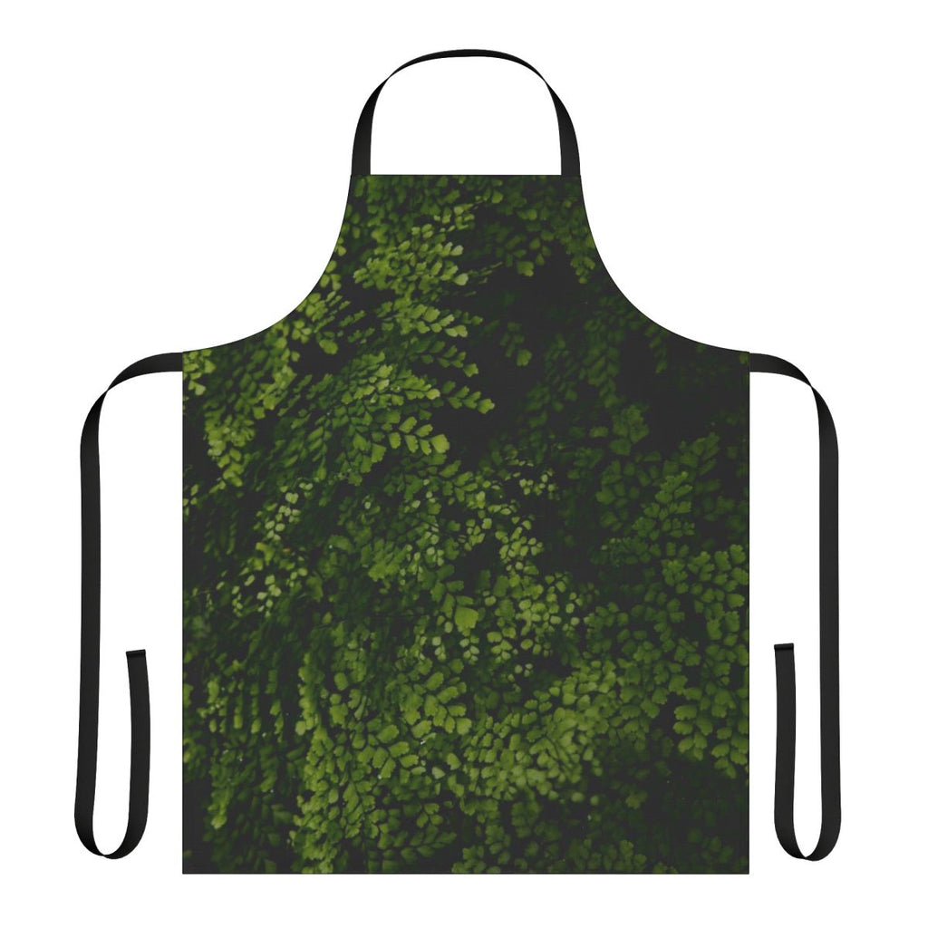 Small green leaves printed on a fabric apron