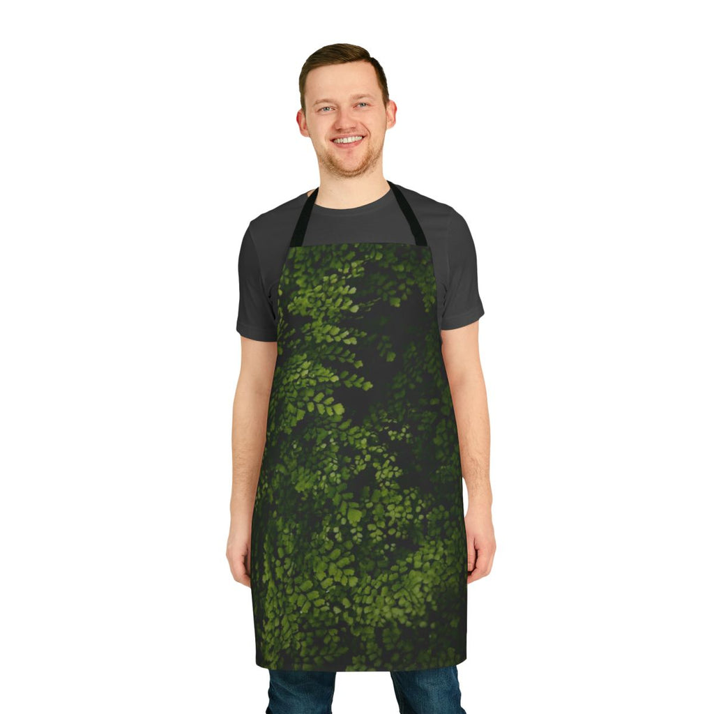 Small green leaves printed on a fabric apron