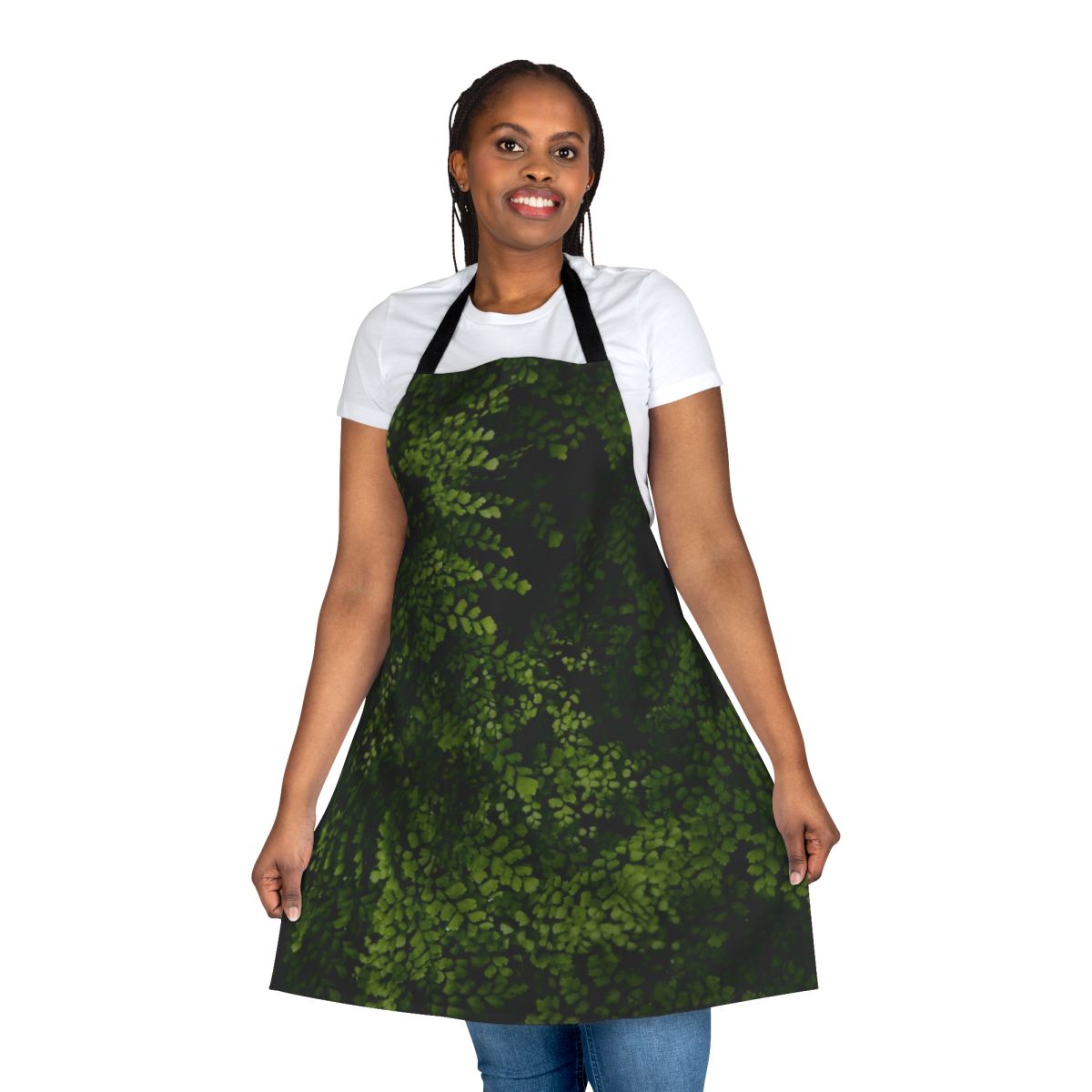 Small green leaves printed on a fabric apron