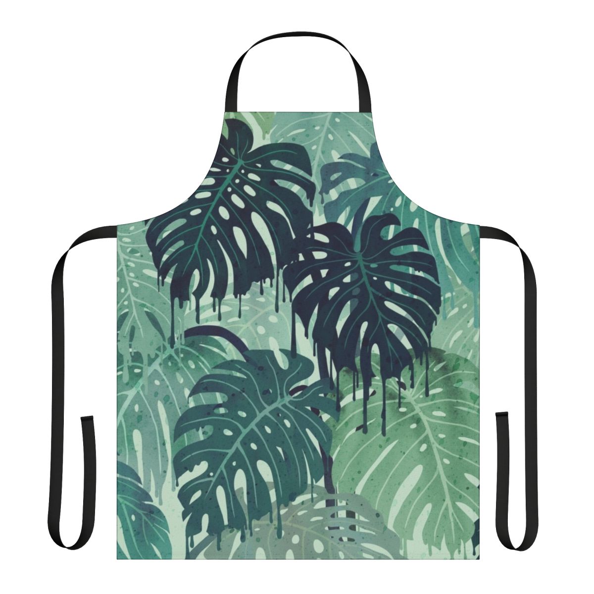 Tropical monstera leaves pattern on a green apron with blue accents