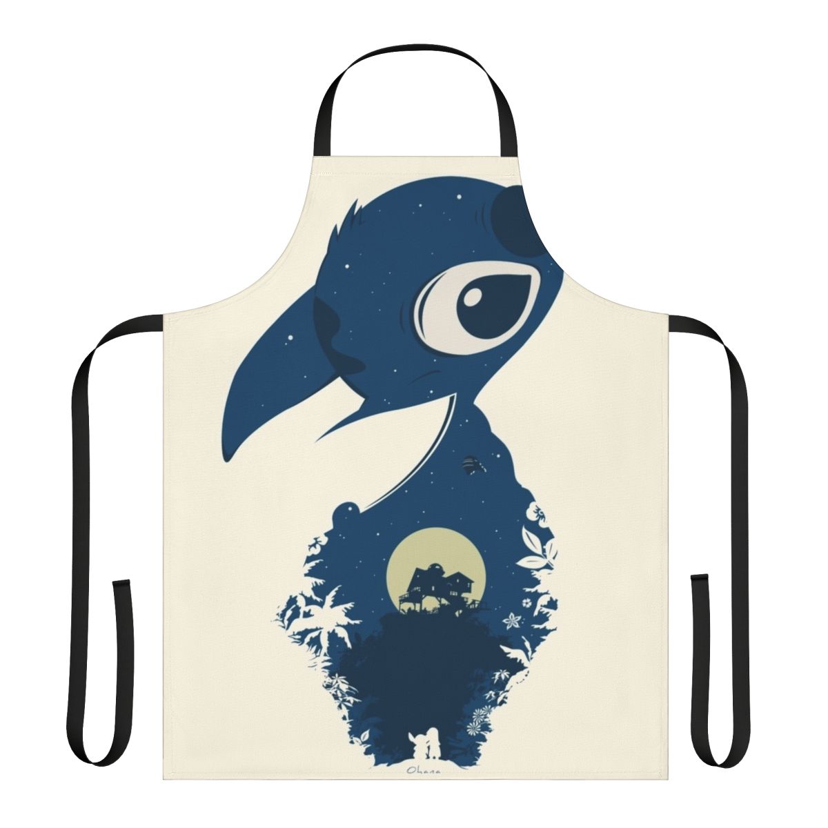 A linen apron with a vibrant Lilo & Stitch-inspired hula dancer and tropical flower design