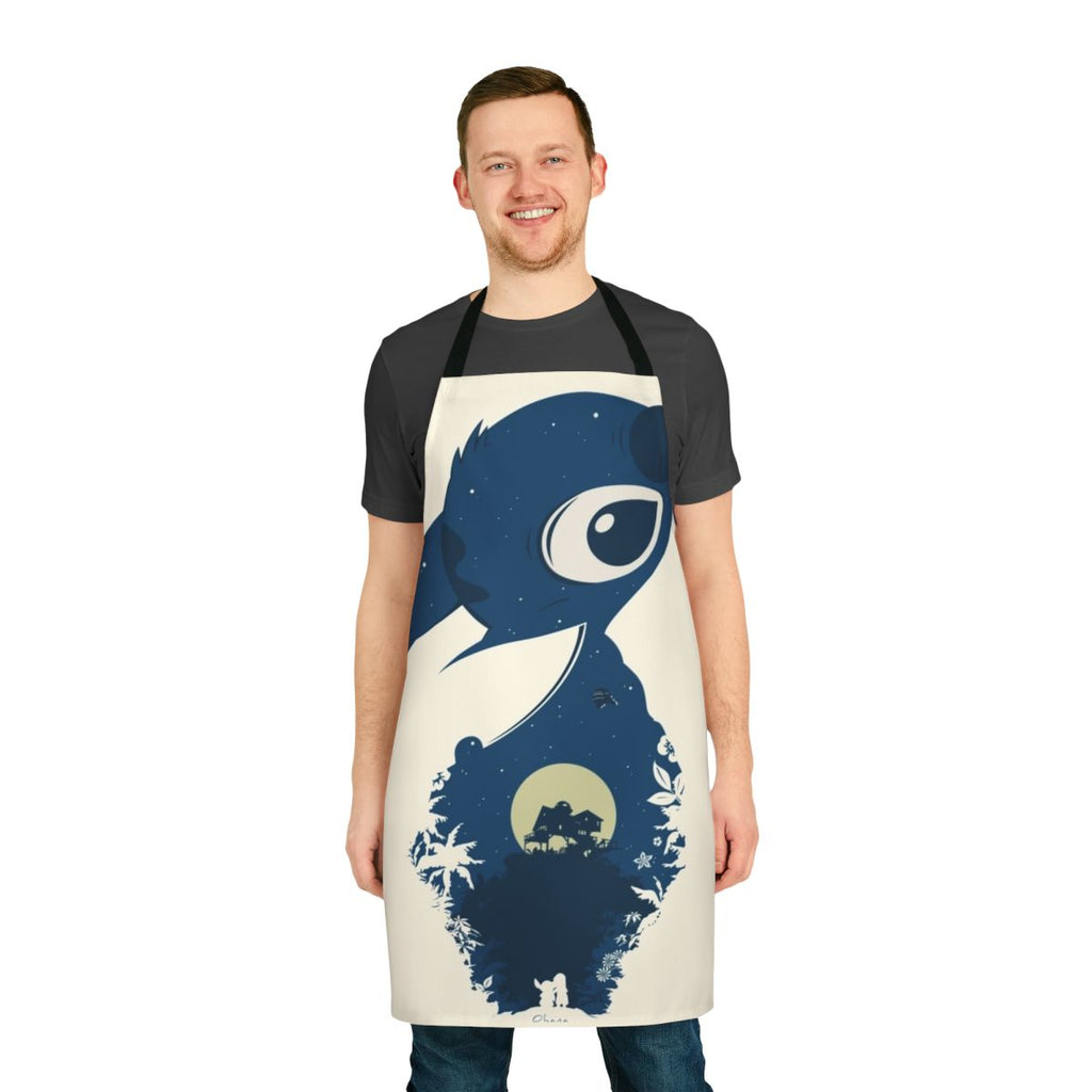 A linen apron with a vibrant Lilo & Stitch-inspired hula dancer and tropical flower design