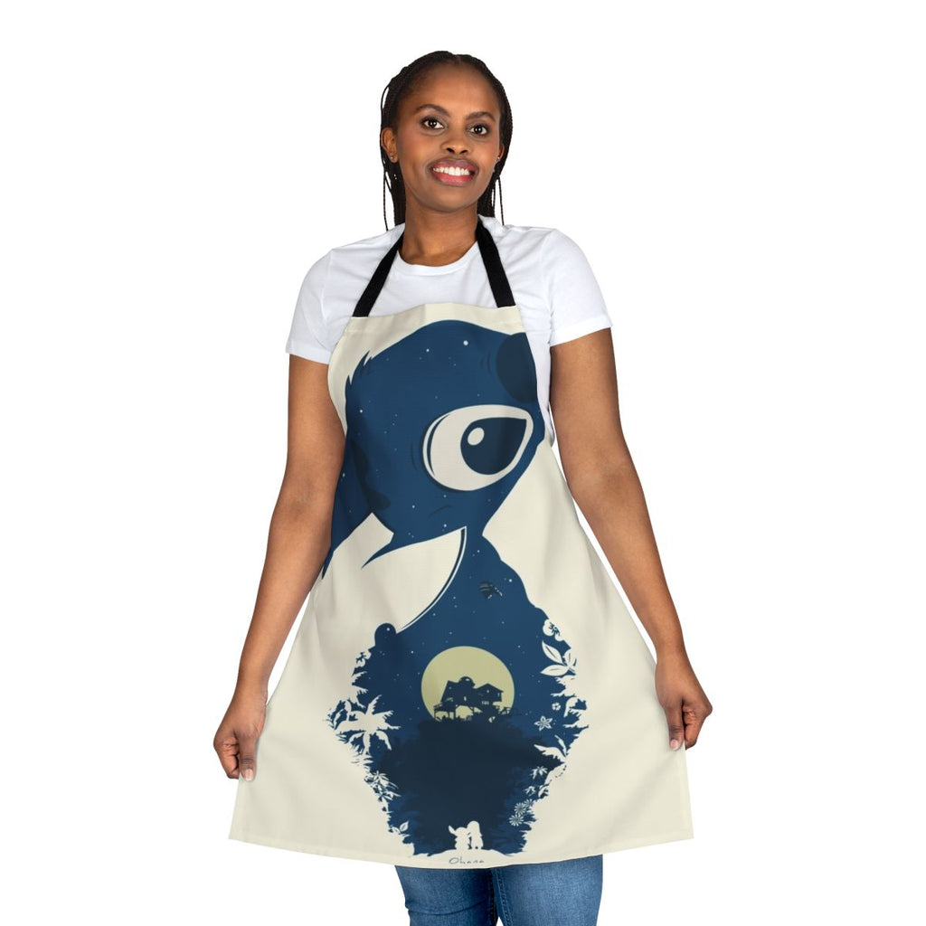 A linen apron with a vibrant Lilo & Stitch-inspired hula dancer and tropical flower design