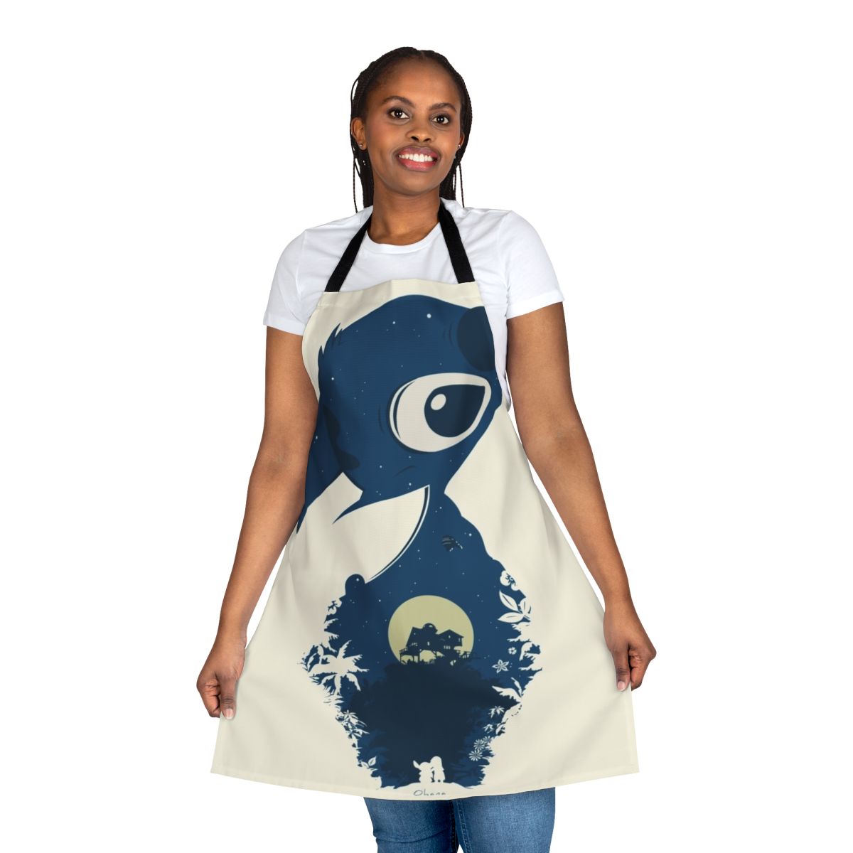 A linen apron with a vibrant Lilo & Stitch-inspired hula dancer and tropical flower design