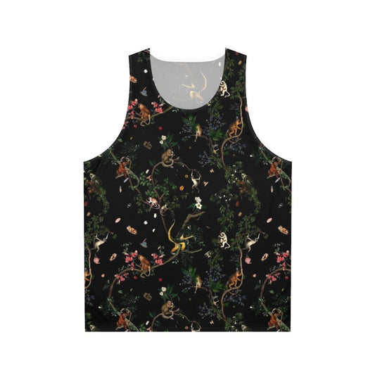 Unisex tank top with a tropical monkey and botanical design