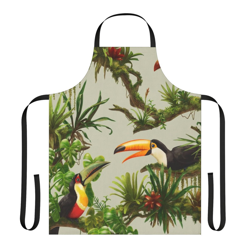 Apron featuring a colorful pattern of toucans and bromeliads against a lush, green background