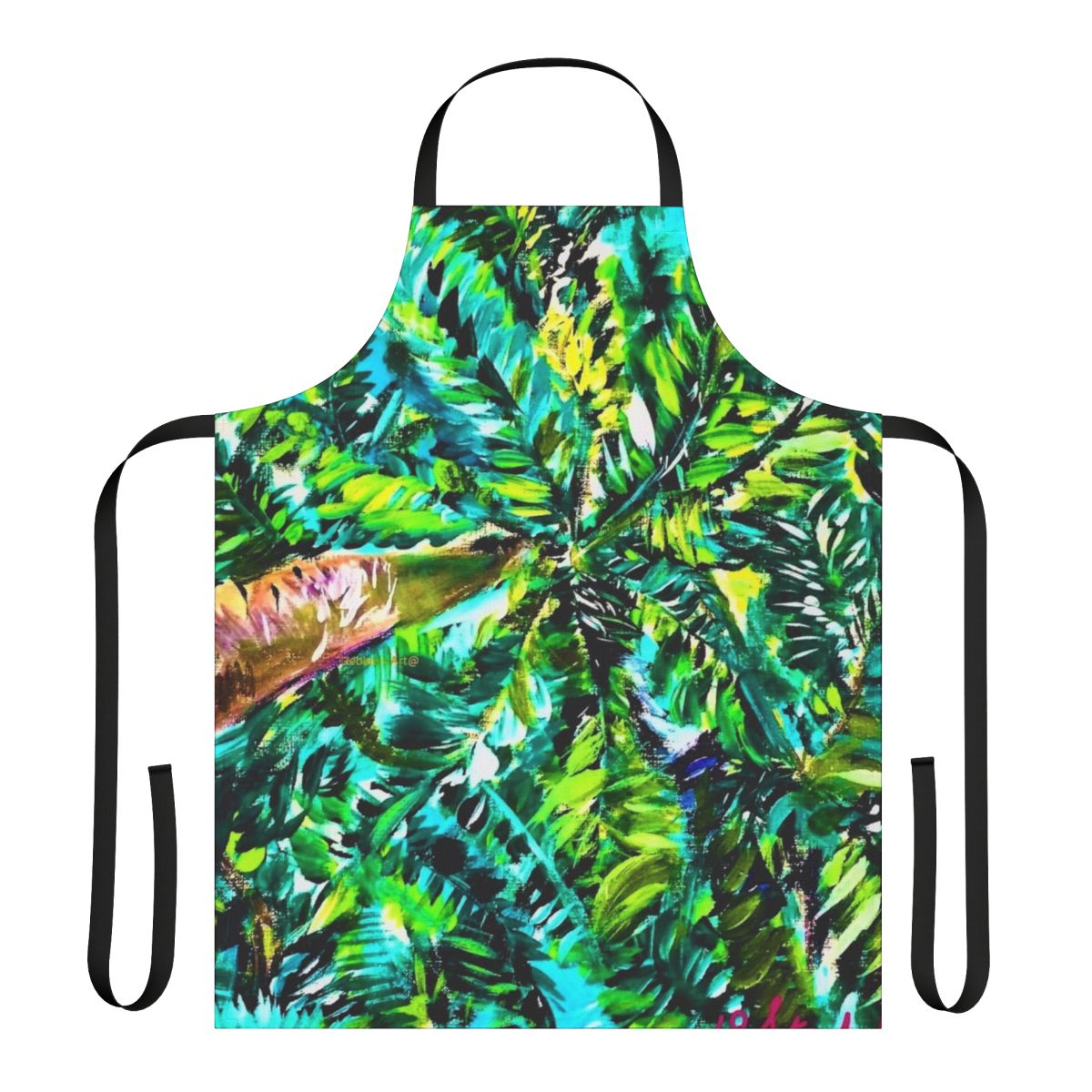 A vibrant apron featuring a palm tree pattern, perfect for adding a touch of tropical style to your kitchen.