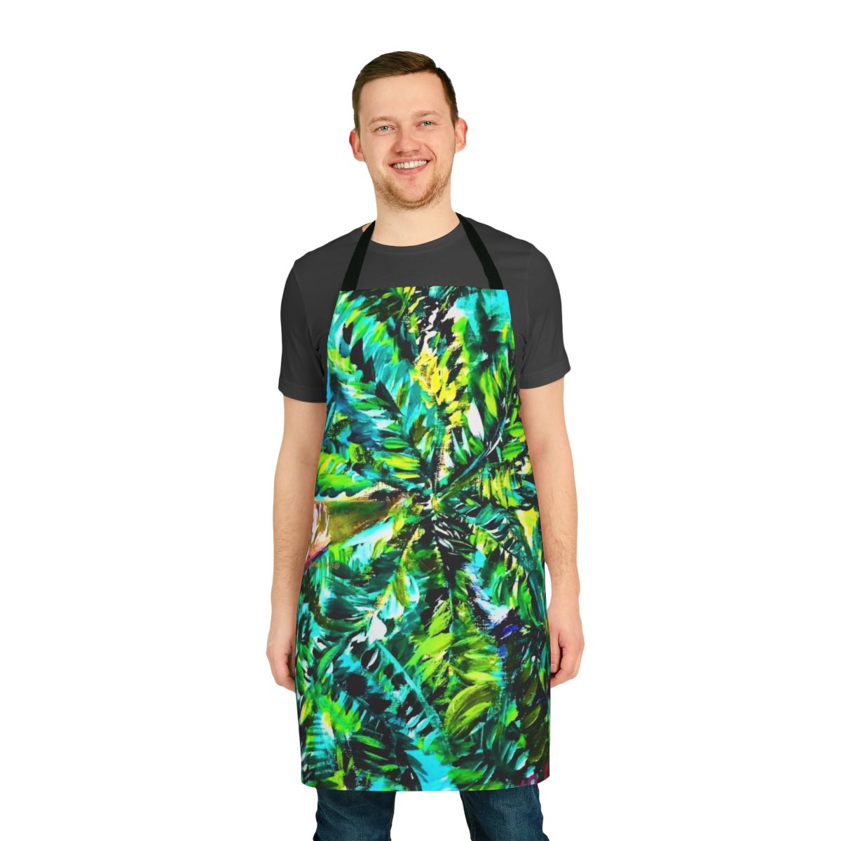 A vibrant apron featuring a palm tree pattern, perfect for adding a touch of tropical style to your kitchen.