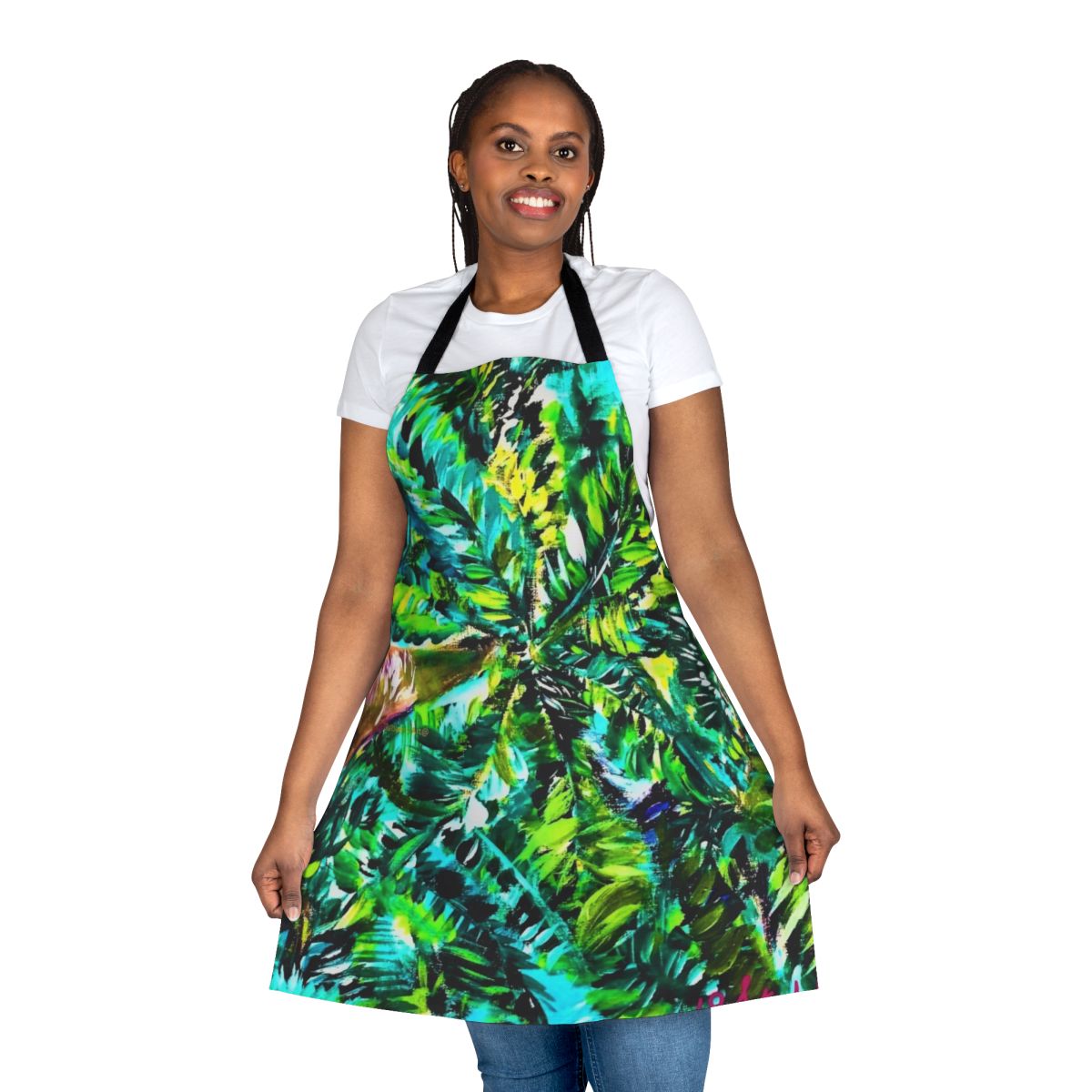 A vibrant apron featuring a palm tree pattern, perfect for adding a touch of tropical style to your kitchen.