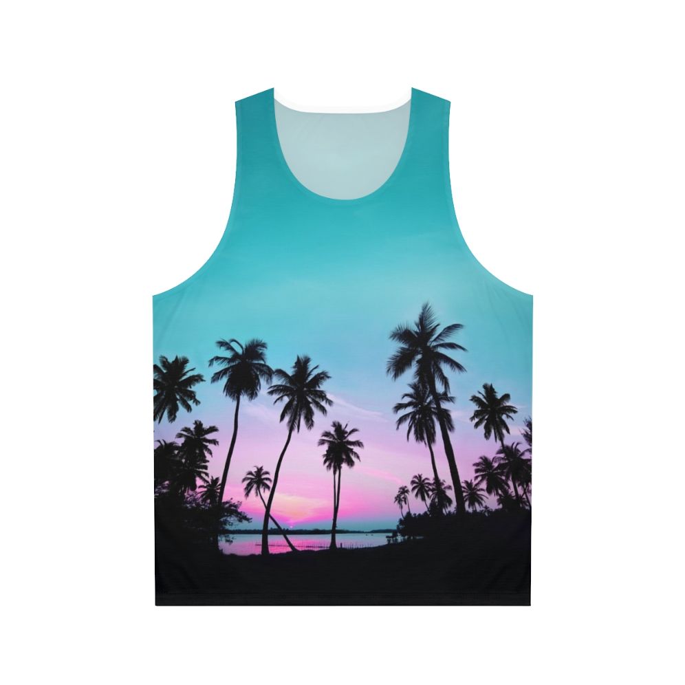 Tropical palm trees silhouette on a unisex summer tank top