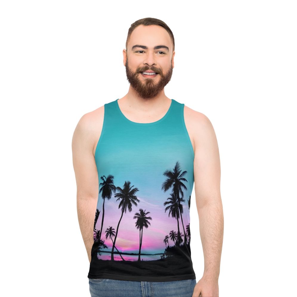 Tropical palm trees silhouette on a unisex summer tank top